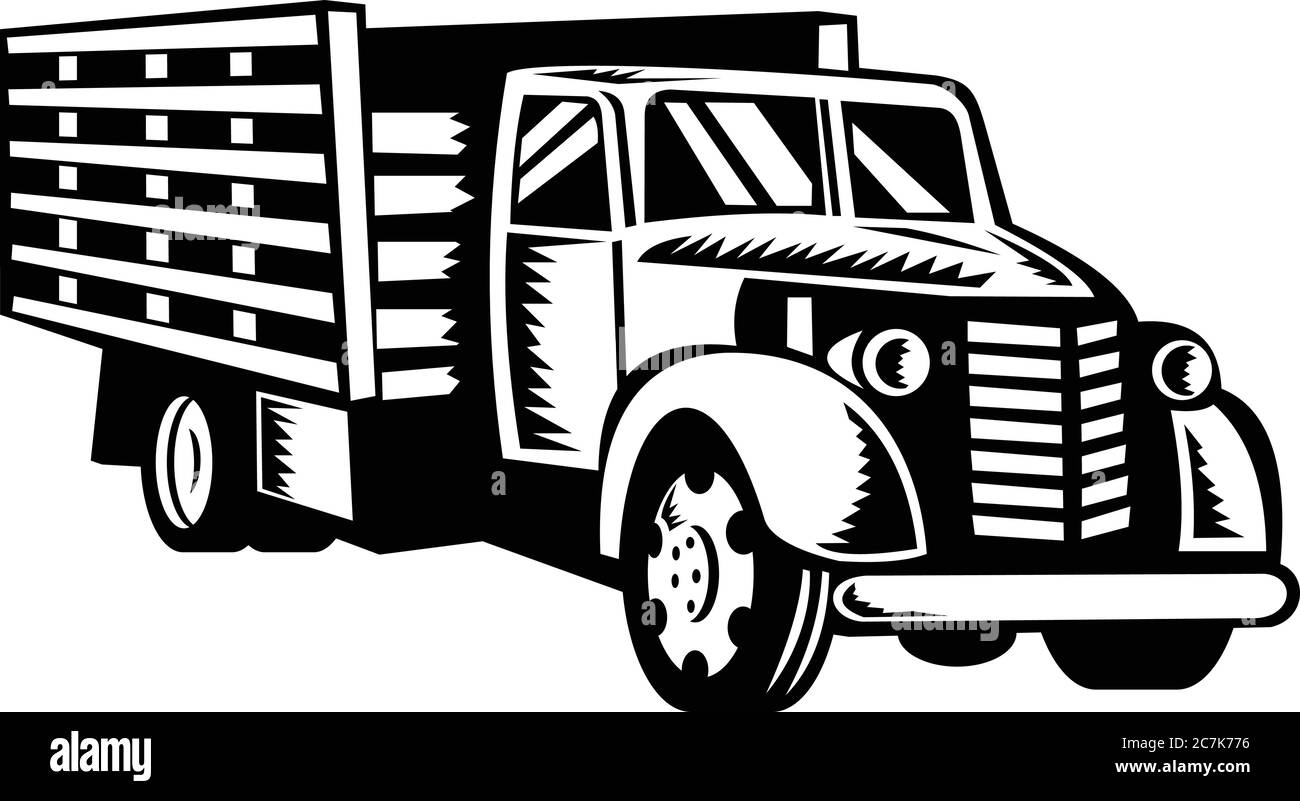 Retro woodcut black and white style illustration of a vintage classic American pickup truck with wood side rails viewed from front on low angle on iso Stock Vector