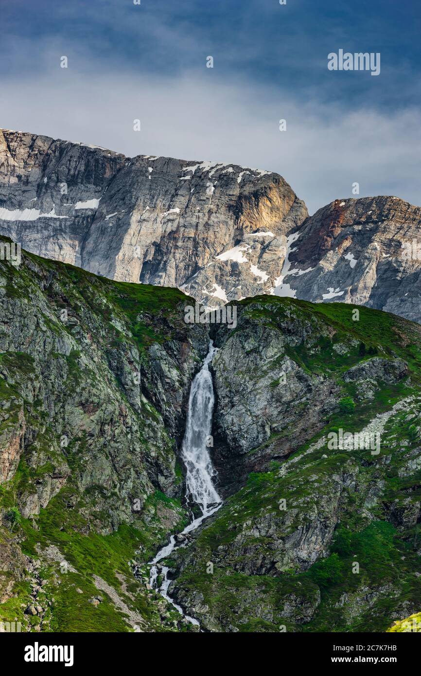 Waterfall at Cirque de Troumouse, Pyrenees National Park, France Stock Photo