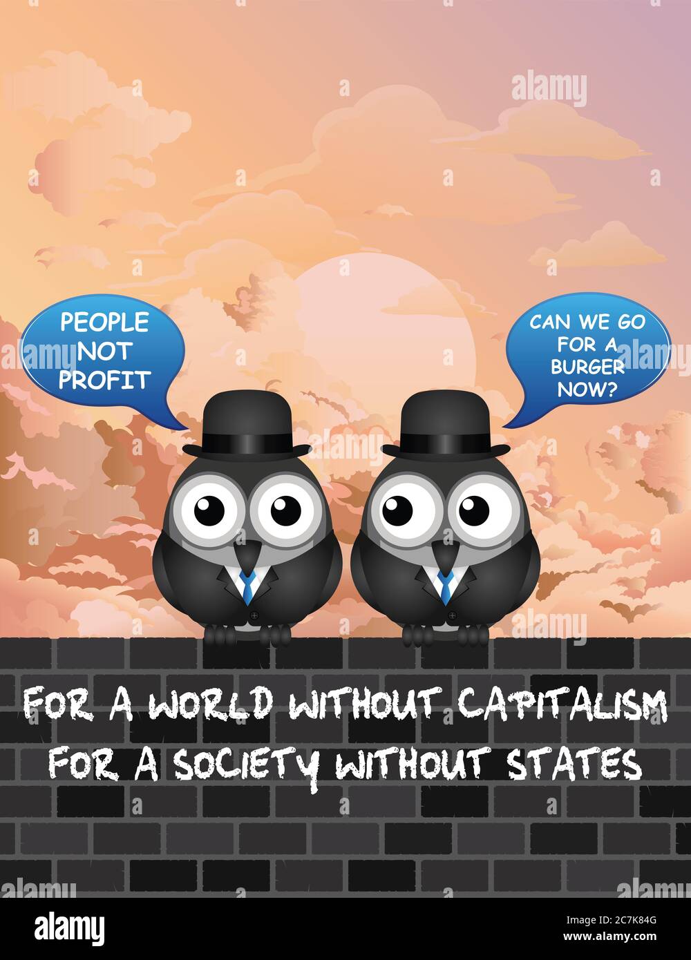 Comical bird anti capitalism demonstrators with one giving in and wanting to go for a burger Stock Photo