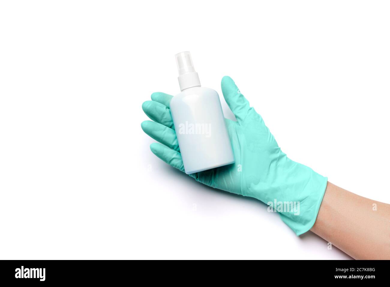 Female hand in latex rubber glove and hand sanitizer spray dispenser