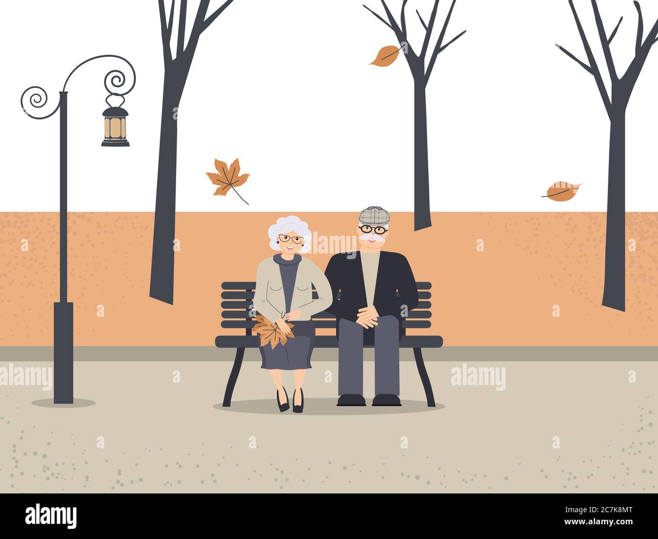 Happy family seniors in autumn park. Cute smiling elderly man and woman  are sitting on bench in park. Retired elderly couple in love.    Fall Stock Vector