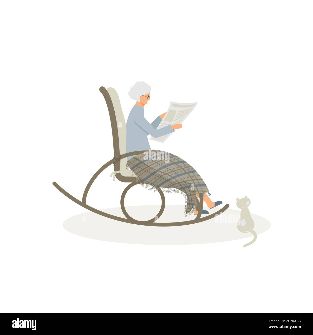 Elderly cute woman is sitting in a rocking chair.Old lady covered her feet with checked woollen plaid.Cartoon granny is reading newspaper in a comfort Stock Vector