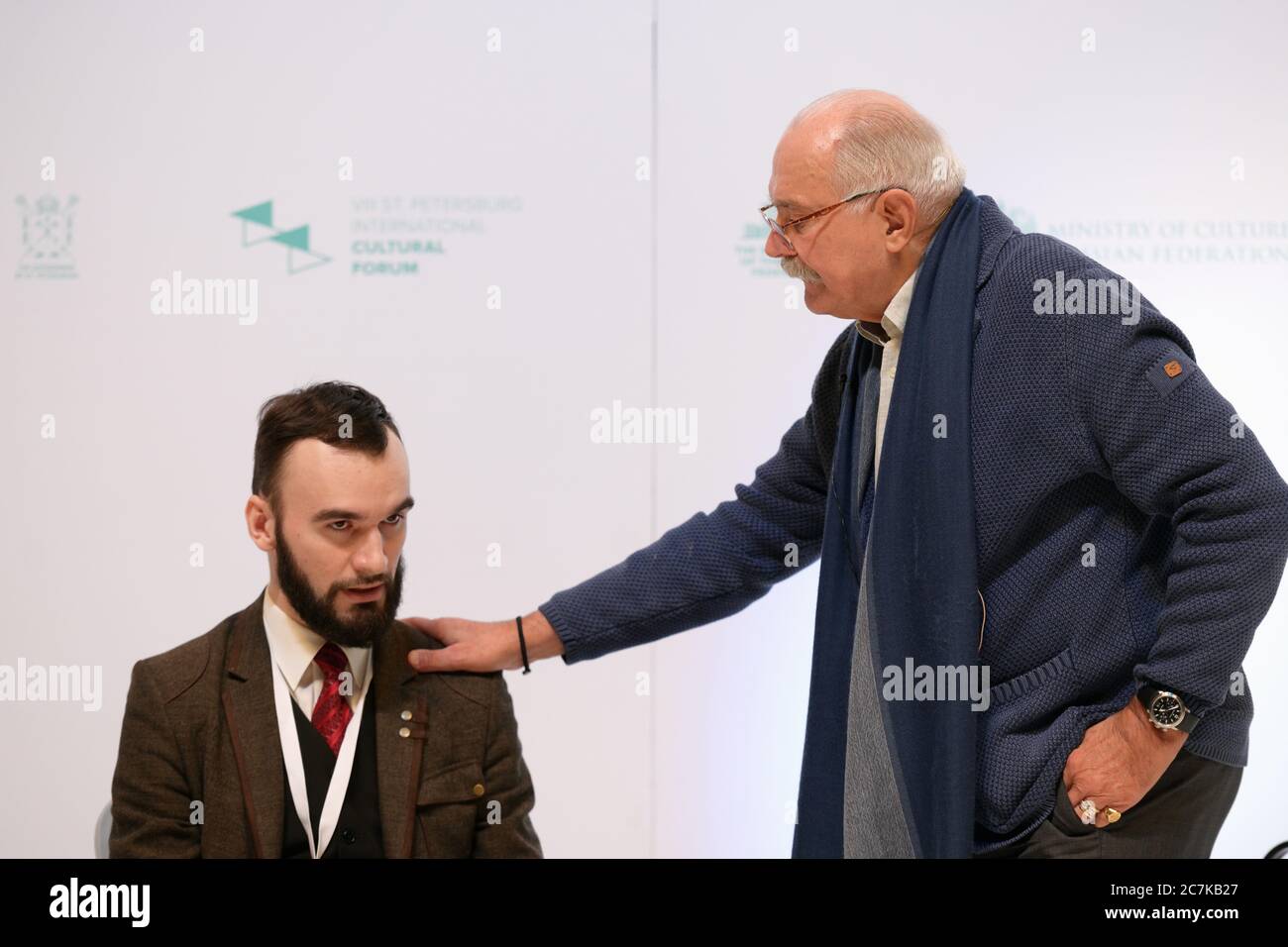 Russian film director and actor Nikita Mikhalkov (right) holds the master class during Saint-Petersburg International Cultural Forum Stock Photo