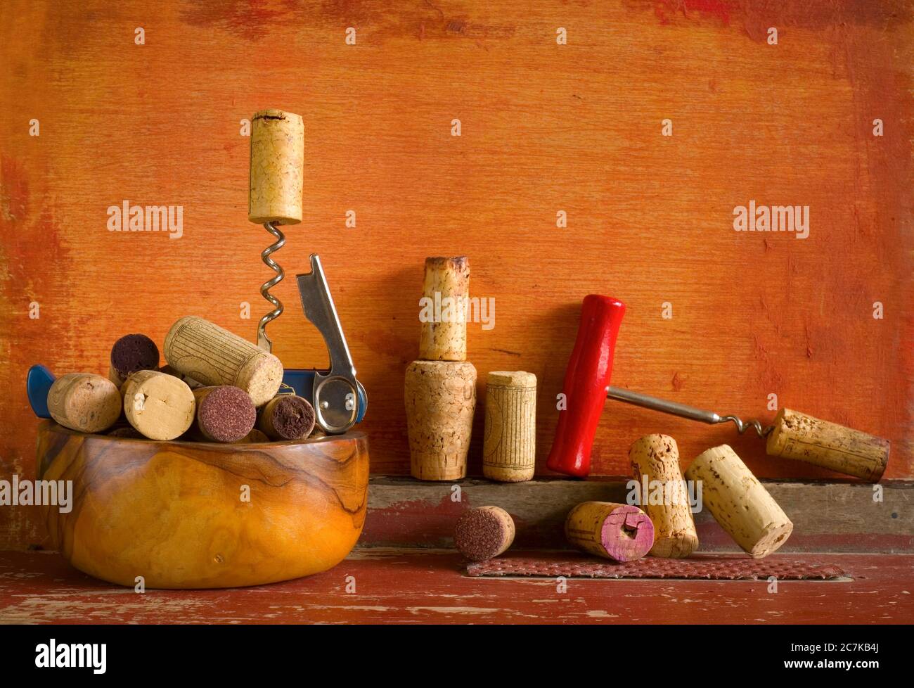 wine corks and corkscrews, free copy space Stock Photo