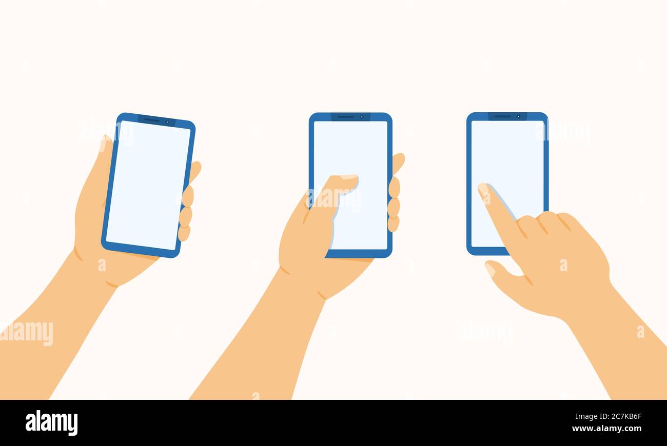 Hand holds the phone, presses and points a finger at a mobile phone