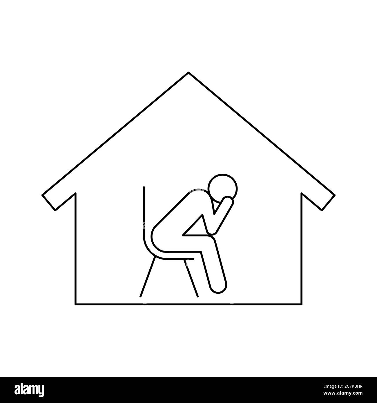 Sad man in house line icon. Self isolation during Covid-19 pandemic. Coronavirus quarantine anxiety and depression. Stickman figure sits. Vector Stock Vector