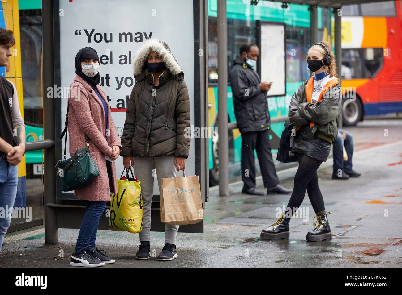 Manchester Piccadilly Gardens bus station passengers wearing masks ...