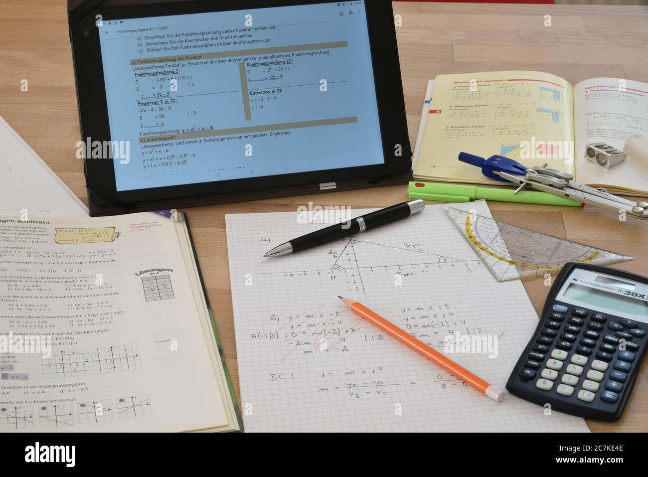 Home schooling, factual analysis, corona, mathematics, school supplies Stock Photo