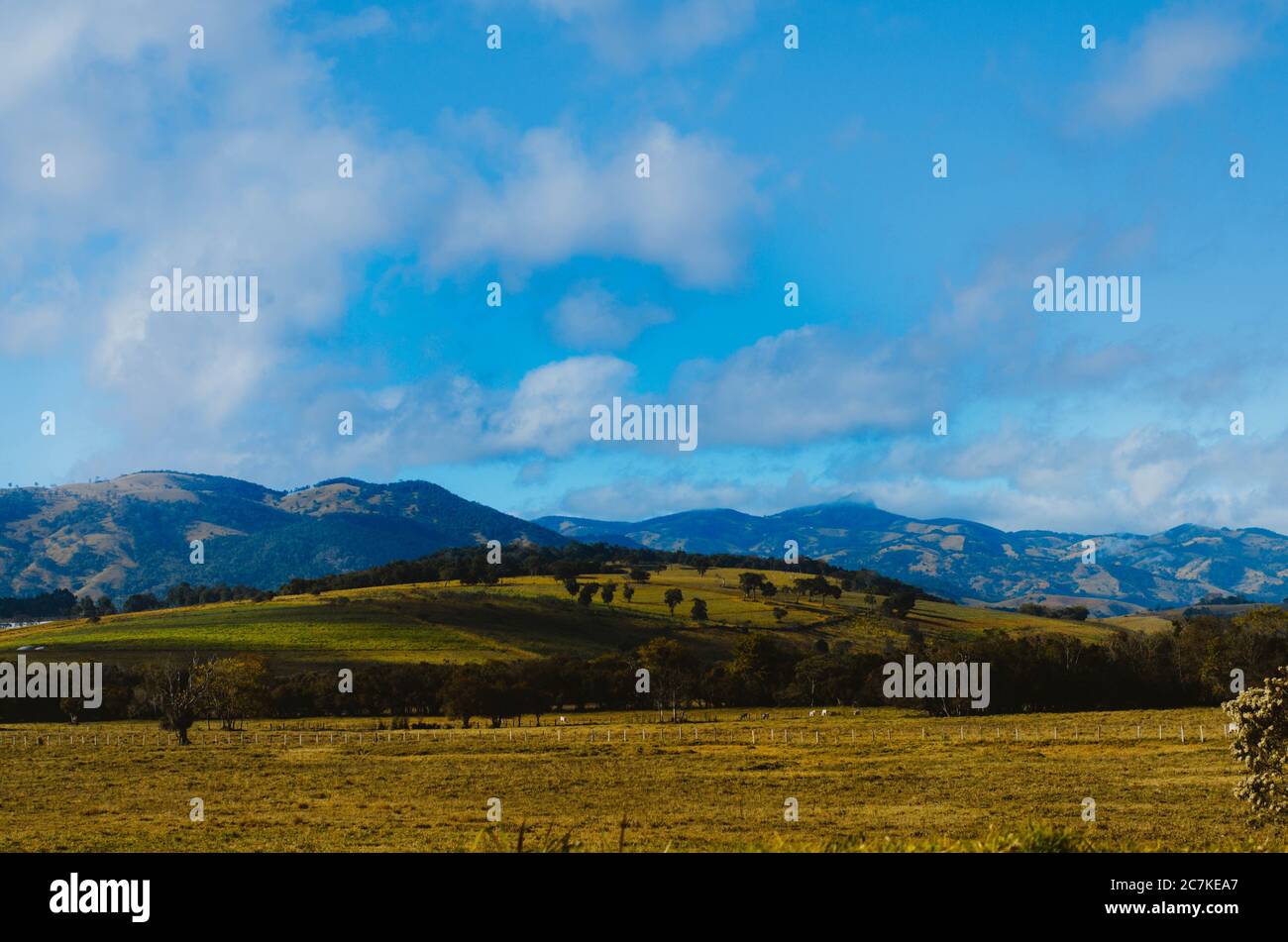 Dramatic view of Minas Gerais hills and farms in different tones of green and a cloudy sky in the afternoon. Stock Photo