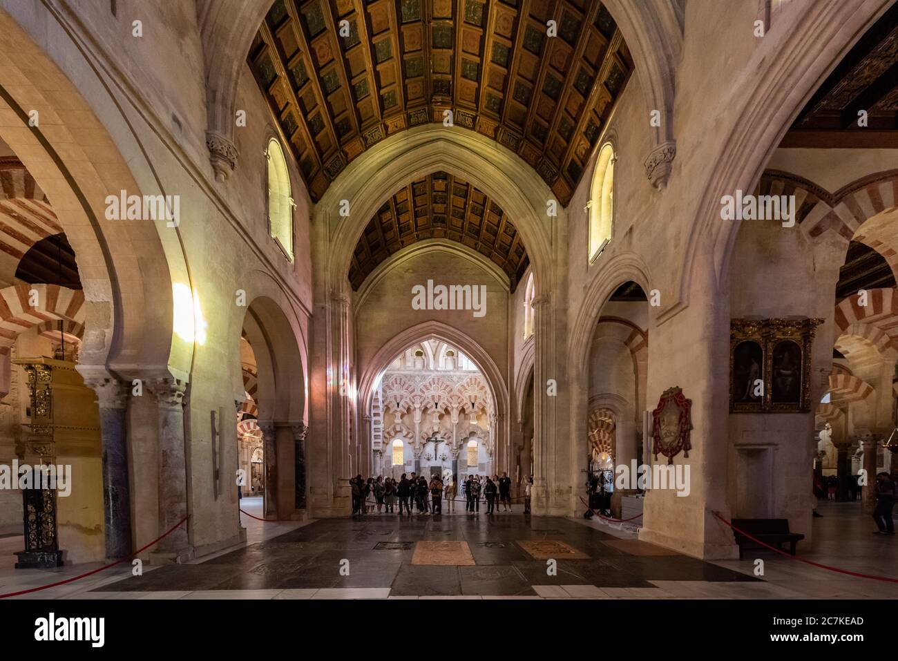 The Villaviciosa Chapel, the original Main Chapel within the Mosque-Cathedral of Cordoba, consisting of a large Gothic nave and wooden gabled ceiling. Stock Photo