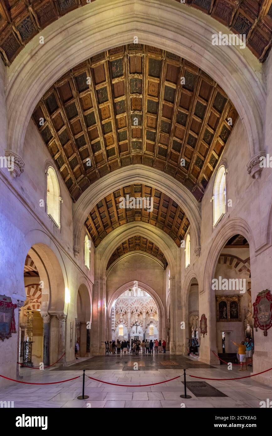 The Villaviciosa Chapel, the original Main Chapel within the Mosque-Cathedral of Cordoba, consisting of a large Gothic nave and wooden gabled ceiling. Stock Photo