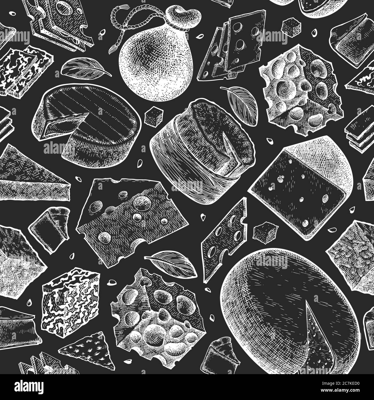 Cheese seamless pattern. Hand drawn vector dairy illustration on chalk