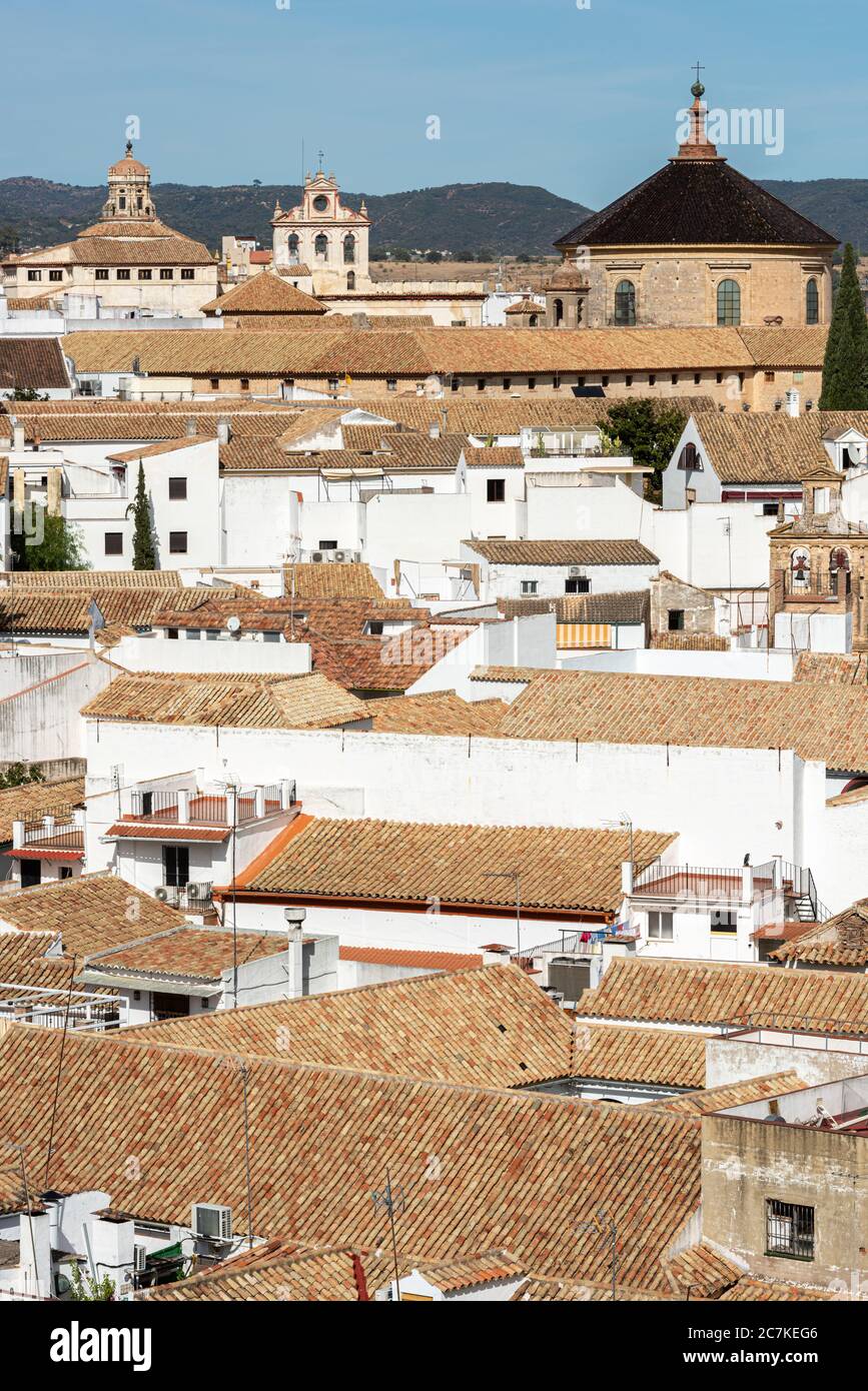 Cordoba's white-washed buildings and terra cotta roofs, with the domes of Iglesia de Santa Victoria and Iglesia de la Compañía in the distance Stock Photo