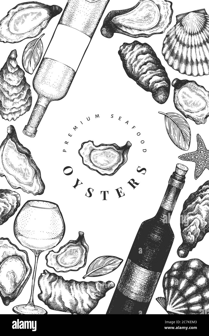Oysters and wine design template. Hand drawn vector illustration. Seafood banner. Can be used for design menu, packaging, recipes, label, fish market, Stock Photo