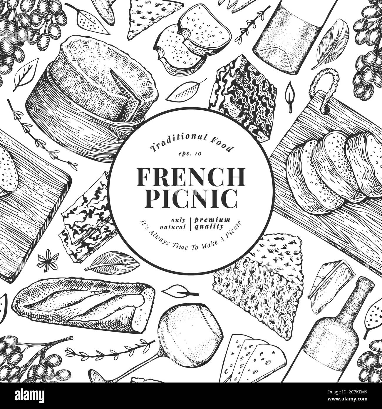 French food illustration design template. Hand drawn vector picnic meal