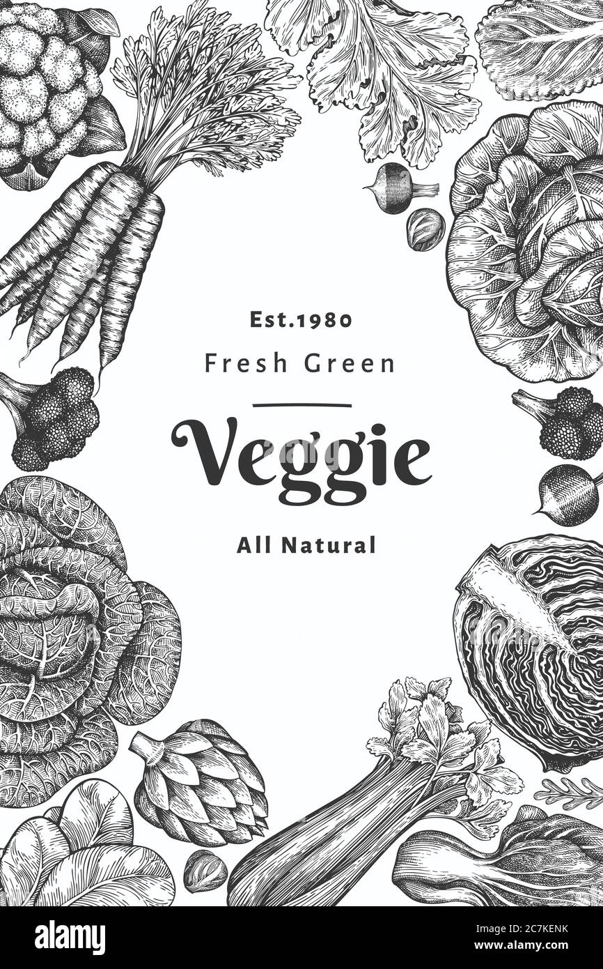 Hand drawn sketch vegetables design. Organic fresh food vector banner ...