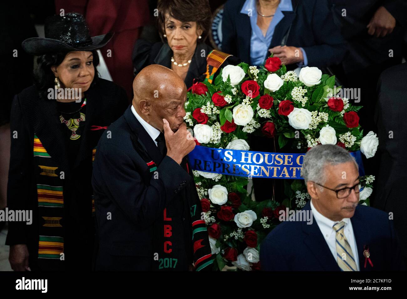 United States Representative Maxine Waters (Democrat of California), top, US Representative Frederica Wilson (Democrat of Florida), left, US Representative John Lewis (Democrat of Georgia), and US Representative Robert Scott (Democrat of Virginia), lower right, walk past the casket of late US Representative Elijah Cummings (Democrat of Maryland) during a memorial service in National Statuary Hall at the U.S. Capitol in Washington, DC, U.S., on Thursday, Oct. 24, 2019. Cummings, a key figure in Democrats' impeachment inquiry and a fierce critic of US President Donald J. Trump, died at the age Stock Photo