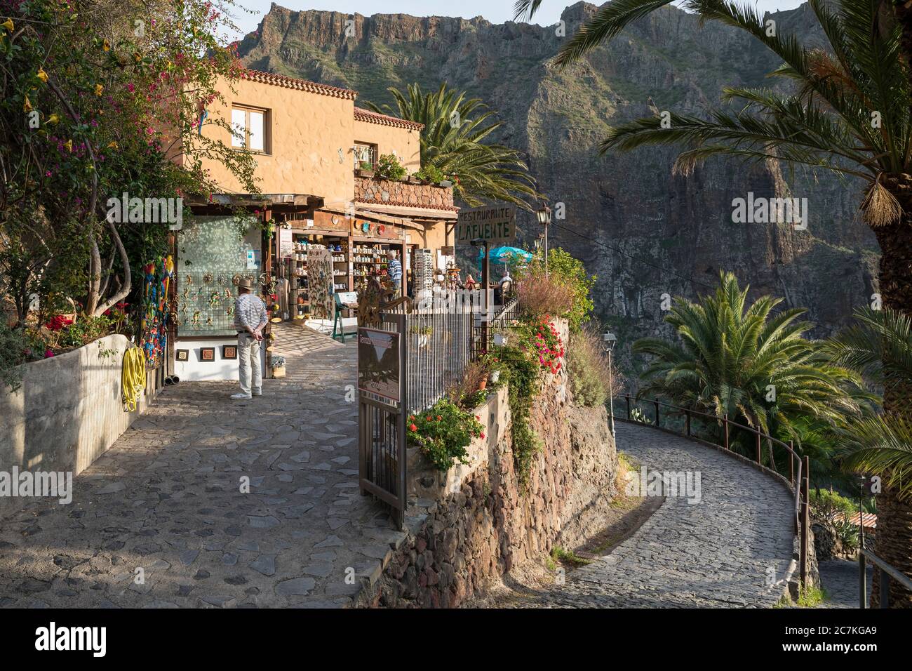 Souvenir shop and restaurant in the mountain village of Masca in the Teno Mountains, Tenerife, Canary Islands, Spain Stock Photo