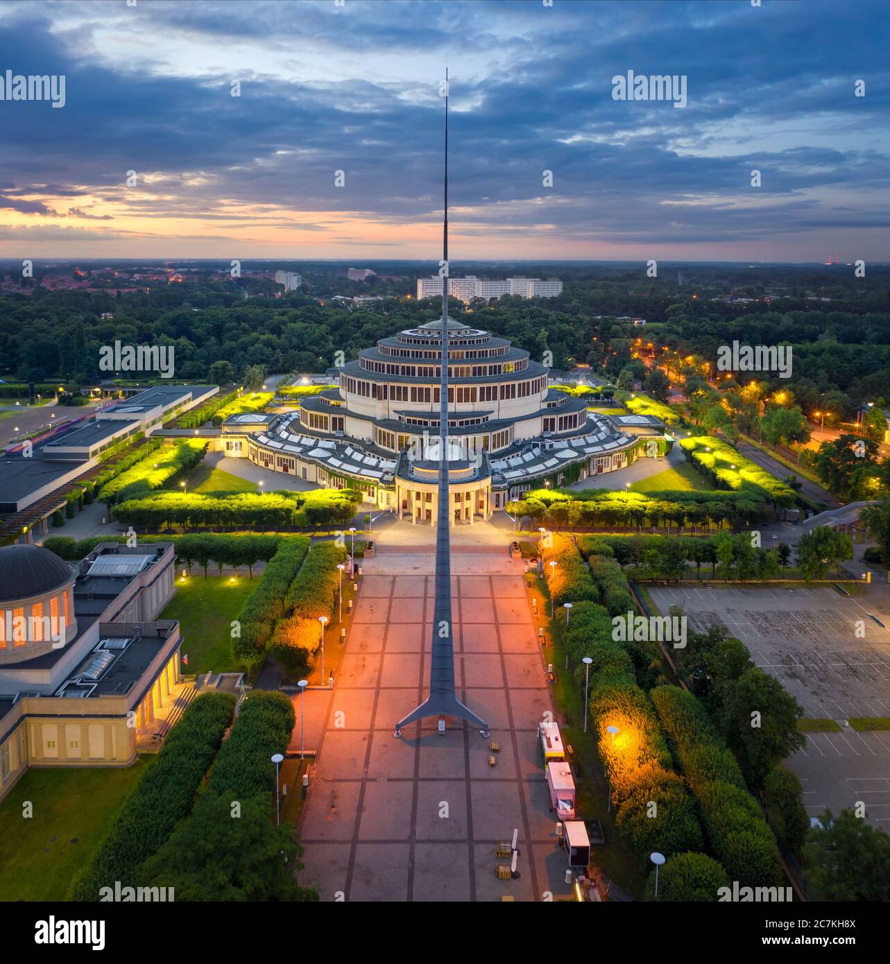 Wroclaw, Poland. Aerial view of Centennial Hall (Hala Stulecia) - historic building used for exhibitions and concerts Stock Photo