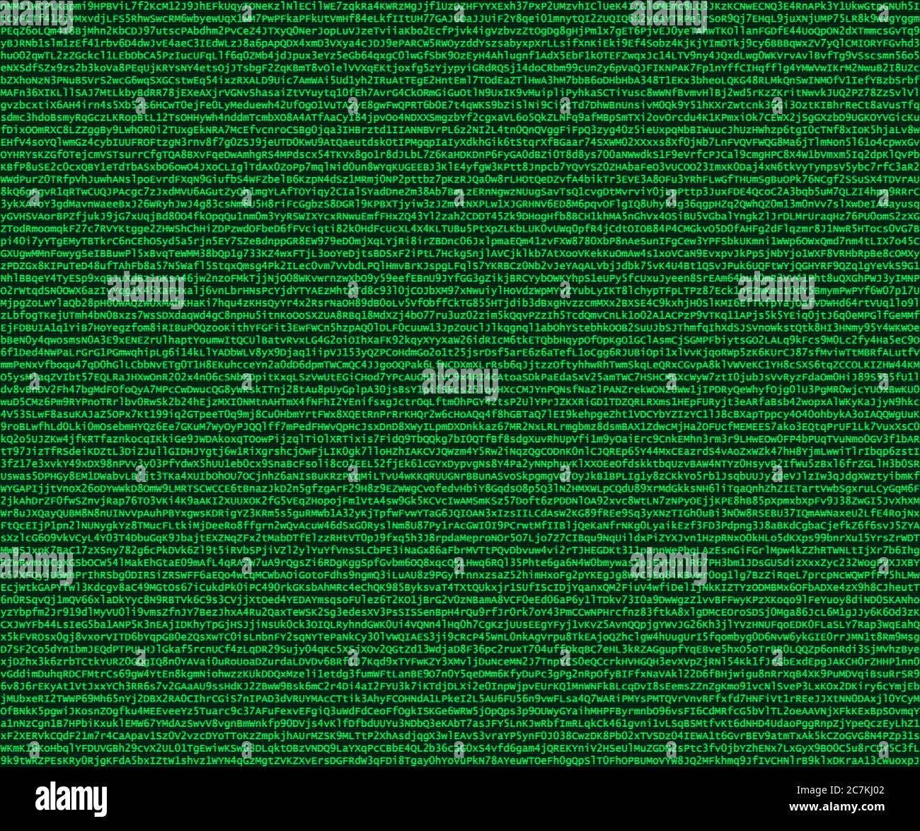 Cryptocode, Randomly generated letter and number code in green letters on a dark green background stylized like a computer screen Stock Photo
