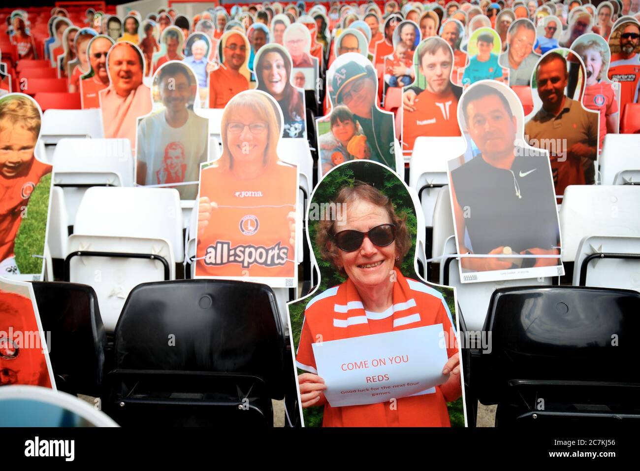 Cardboard cutouts in the stands at The Valley, London. Stock Photo