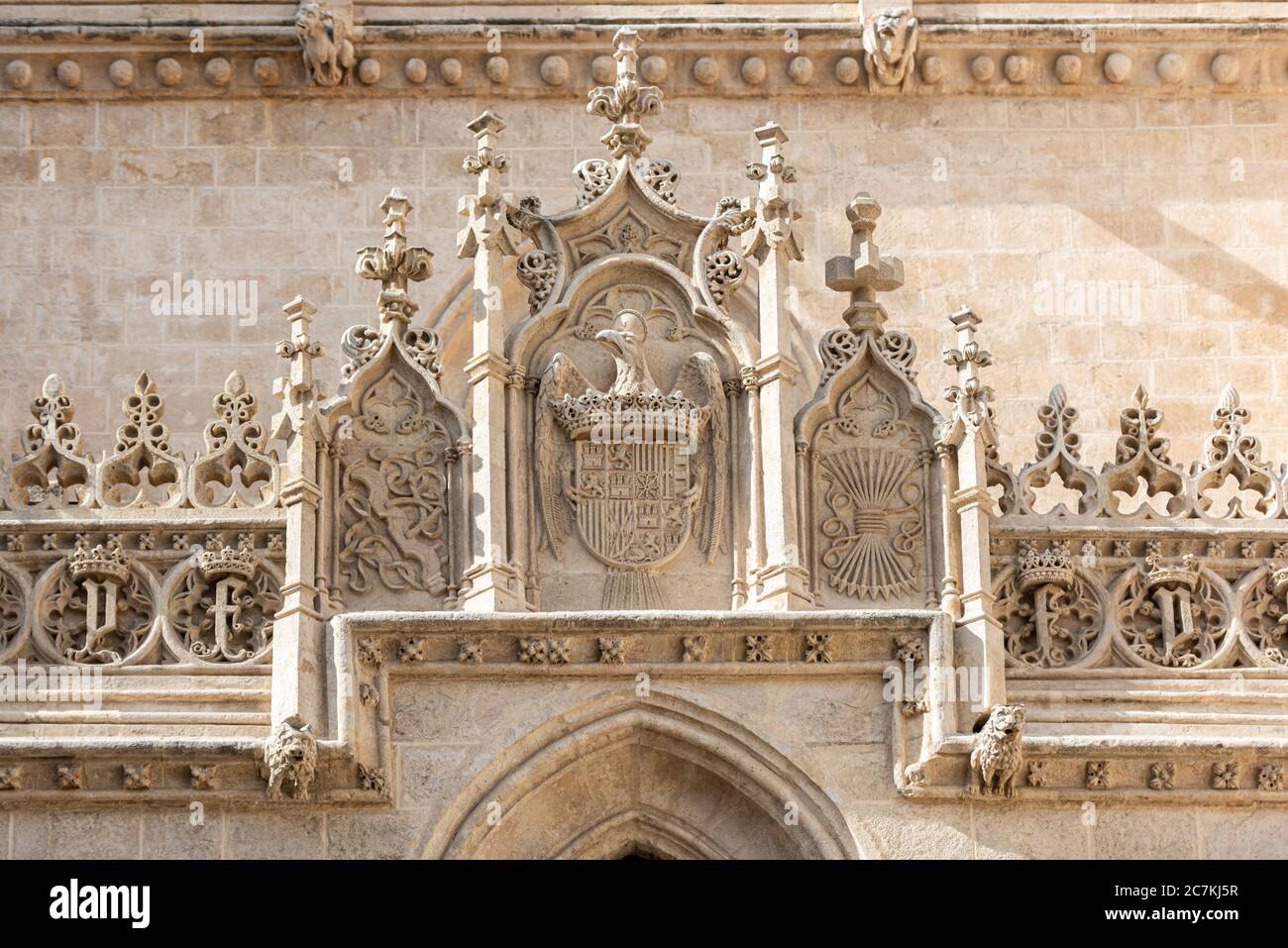 Delicate stone decoration on the Temple of the Royal Chapel of Granada, the final resting place of Ferdinand of Aragon and Isabelle of Castile. Stock Photo