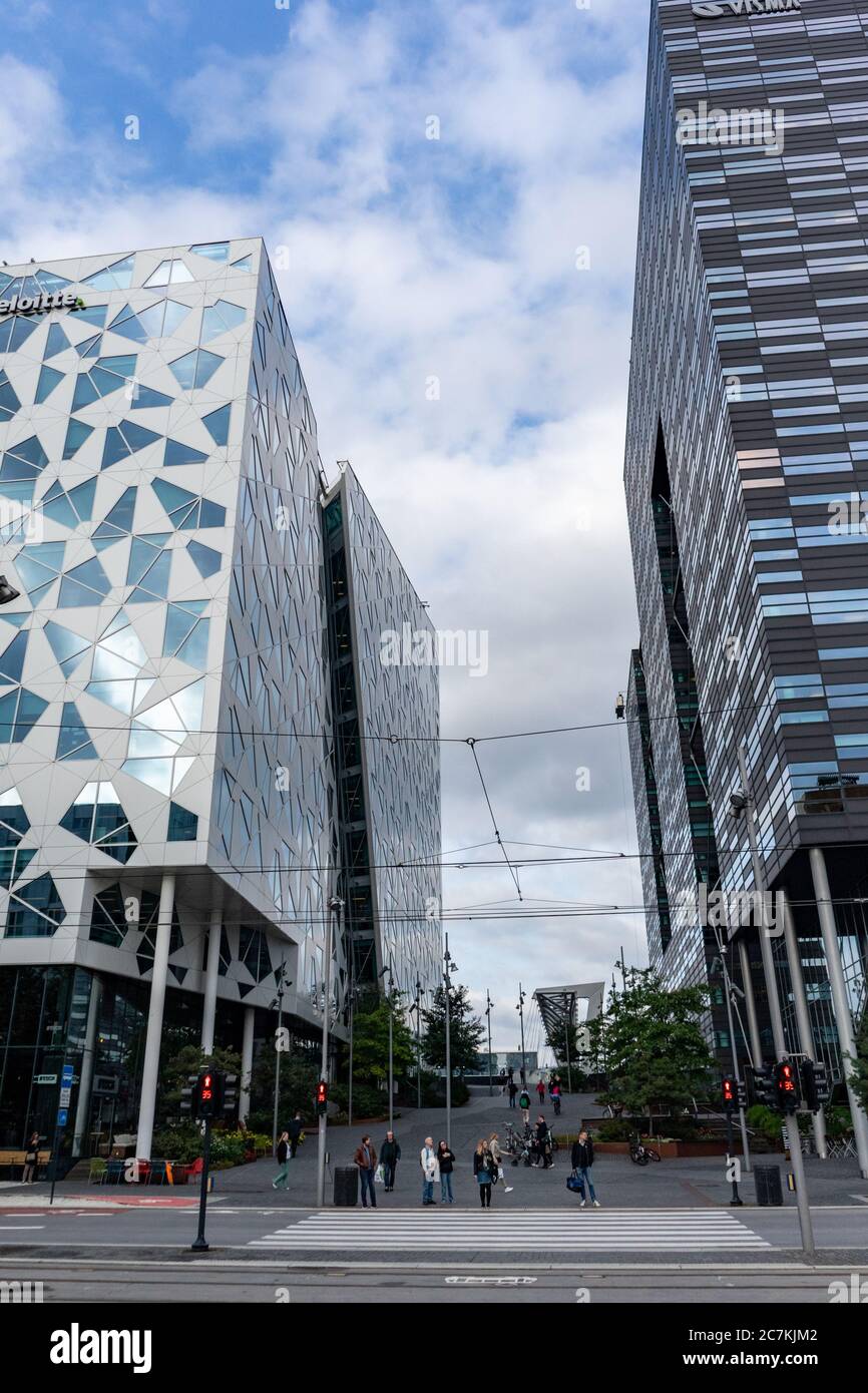 Oslo, Norway - September 10, 2019: Crossroad and crosswalk in modern business district. Office urban buildings of the Barcode project in Bjorvika dist Stock Photo
