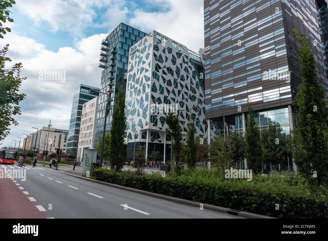 Oslo, Norway - September 10, 2019: Modern business district in Oslo, street view. Office urban buildings of the Barcode project in Bjorvika district l Stock Photo