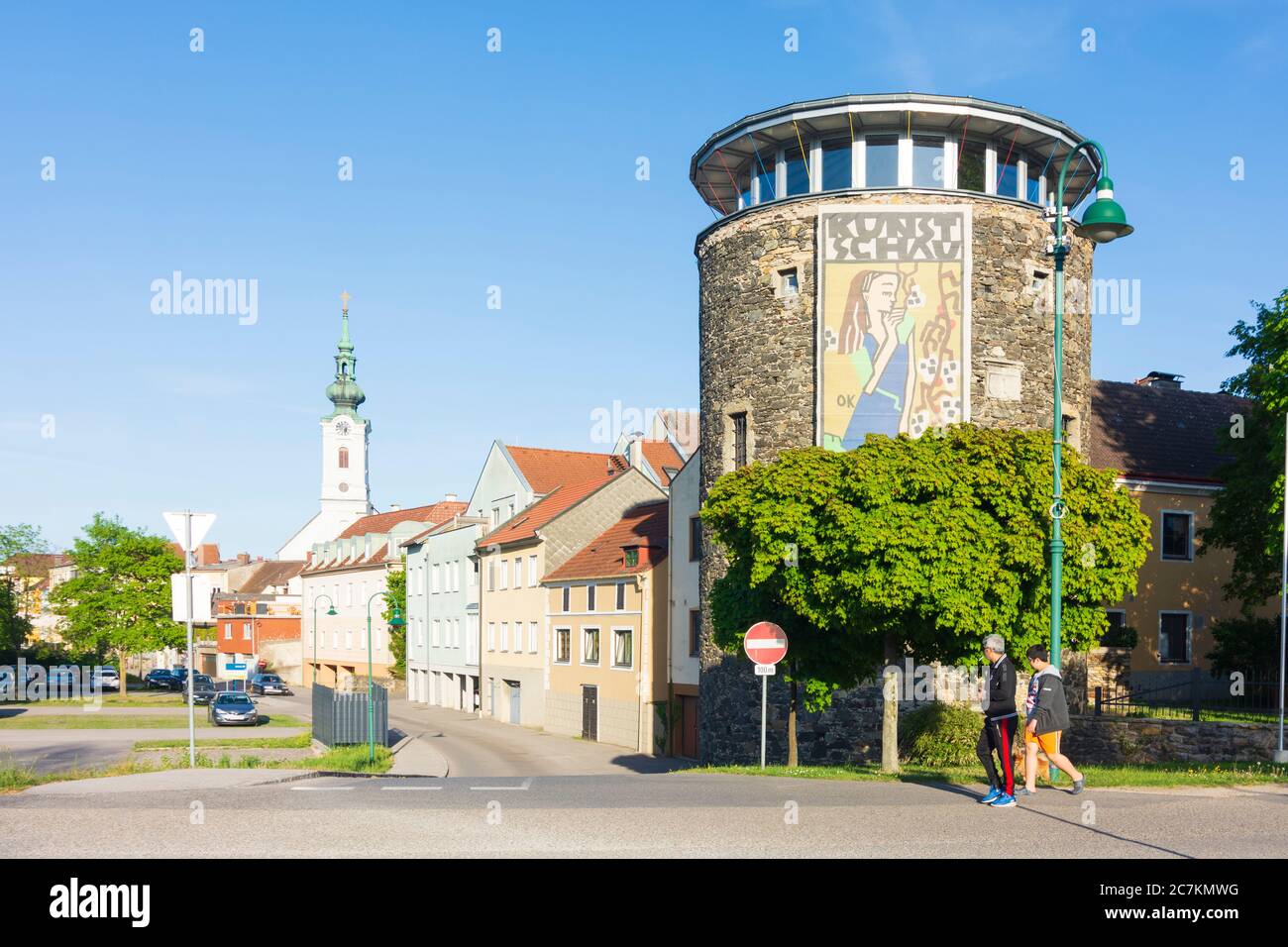 Pöchlarn, tower Welserturm, church, Mostviertel region, Niederösterreich / Lower Austria, Austria Stock Photo