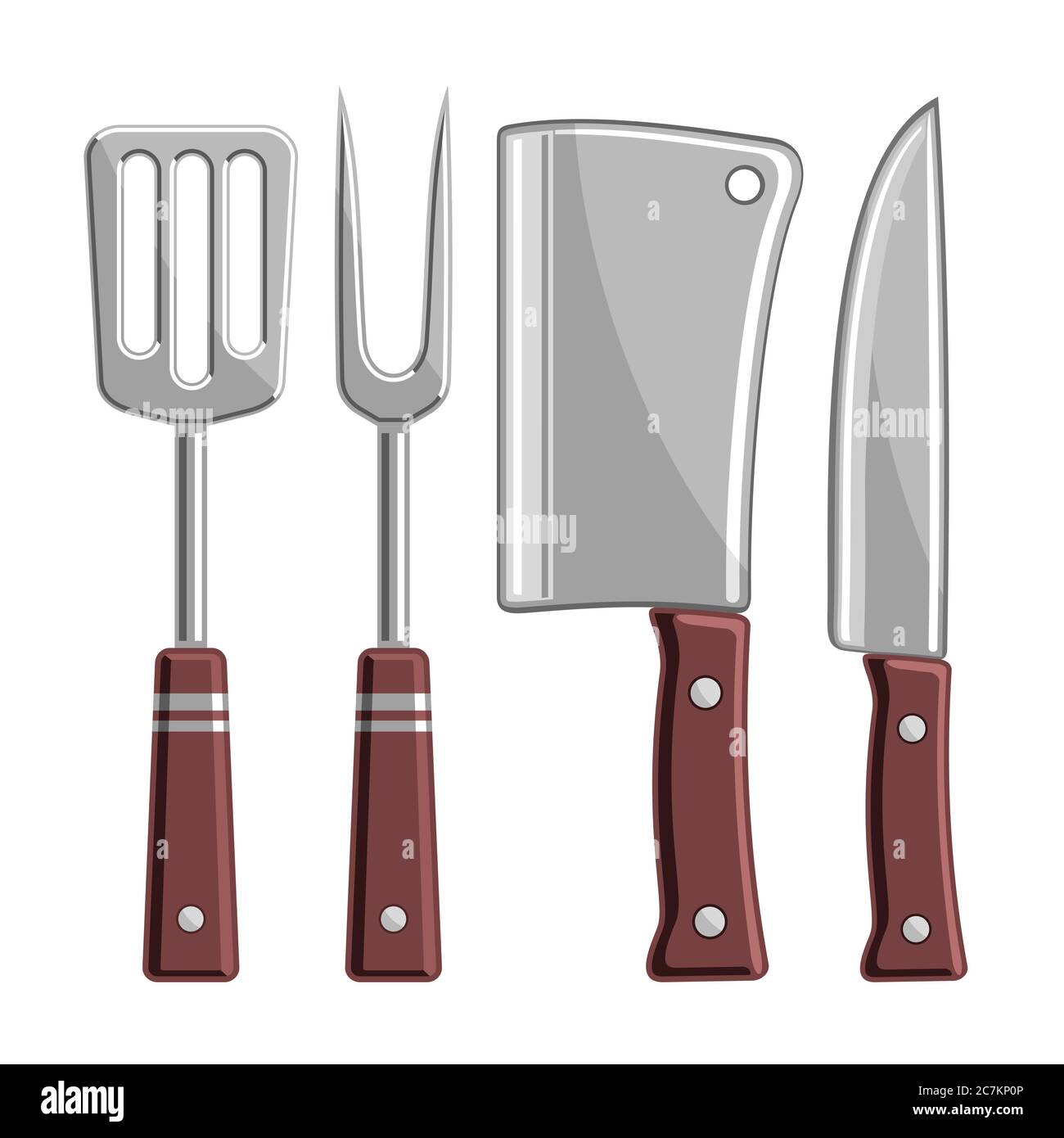 Vector Set of BBQ Tools, collection of 4 cut out illustrations - barbeque spatula, sharp fork, chef cleaver and stainless knife on white background. Stock Vector