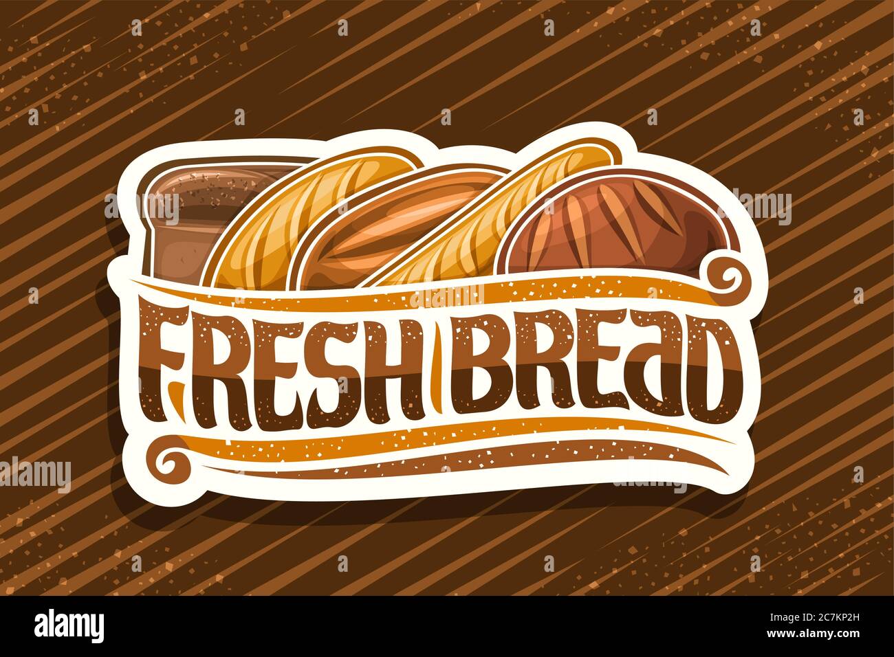 Vector logo for Fresh Bread, cut paper label with illustration of heap bread loaves, decorative design flourishes, banner with unique brush letters fo Stock Vector