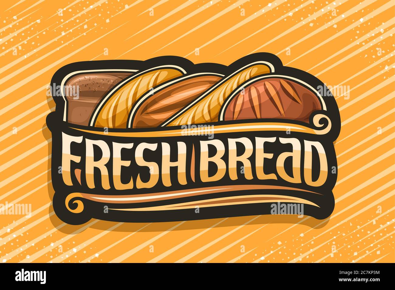 Vector logo for Fresh Bread, dark label with illustration of pile bread loaves, decorative design flourishes, banner with unique brush letters for wor Stock Vector