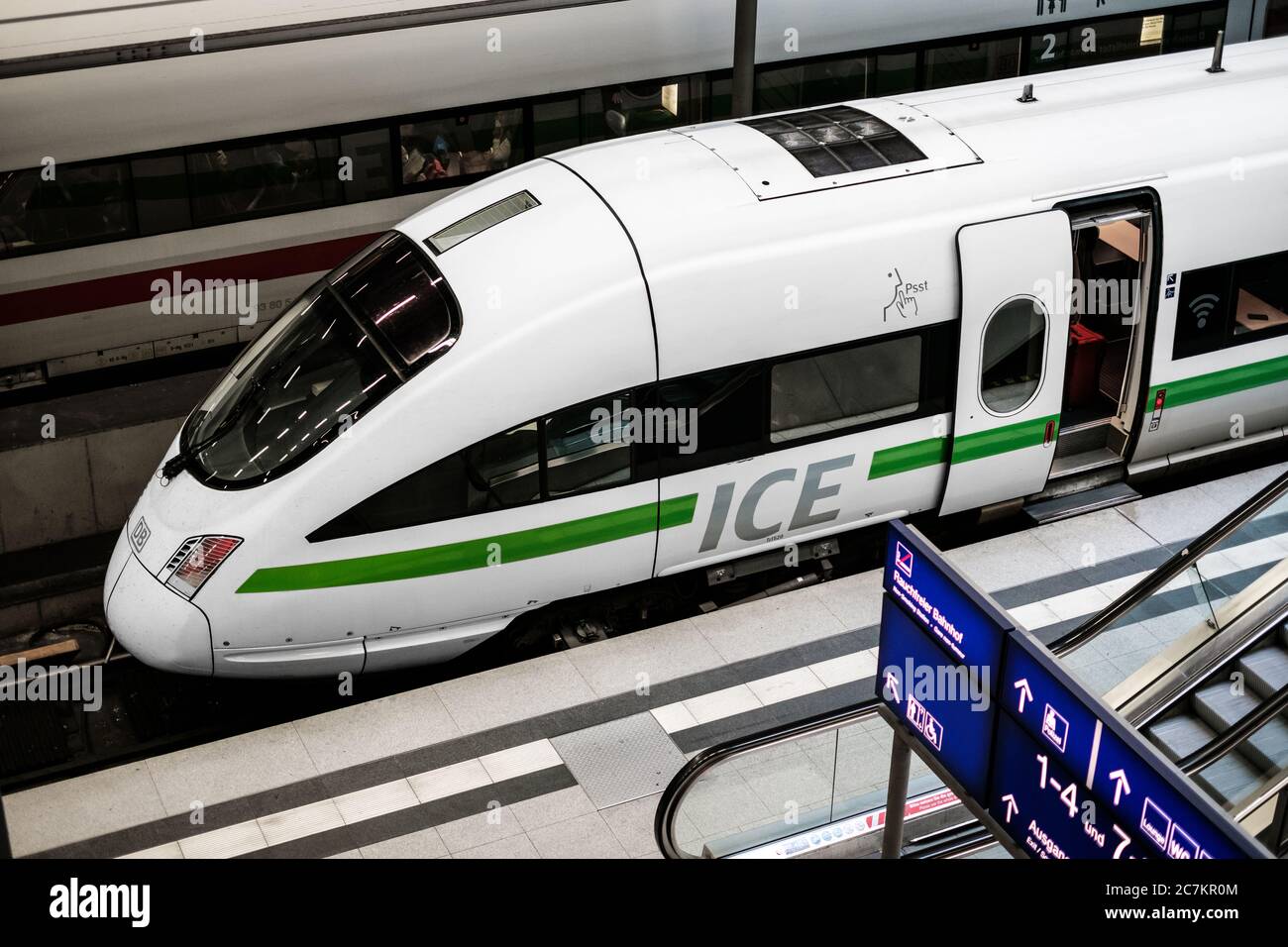 Berlin, Germany - July, 2020: Green Energy ICE train locomotive at trainstatipon platform ( Berlin Hauptbahnhof) Stock Photo