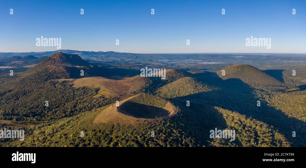 Aerial panorama of Puy Pariou and Puy de Dome volcanoes in France Stock Photo