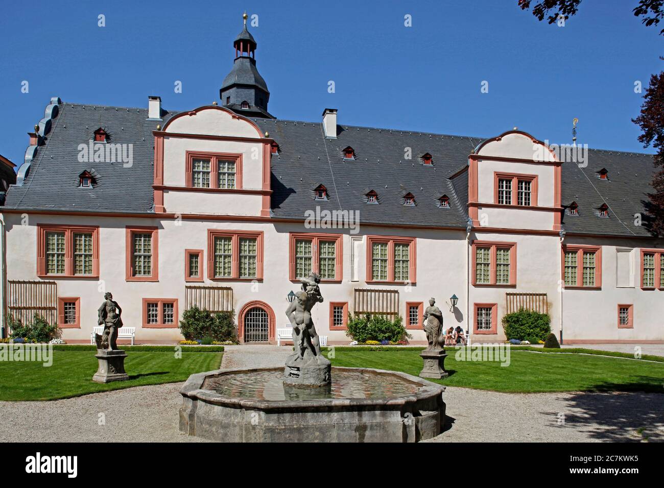 Castle, park side, fountain, sculptures, Weilburg, Hesse, Germany Stock Photo