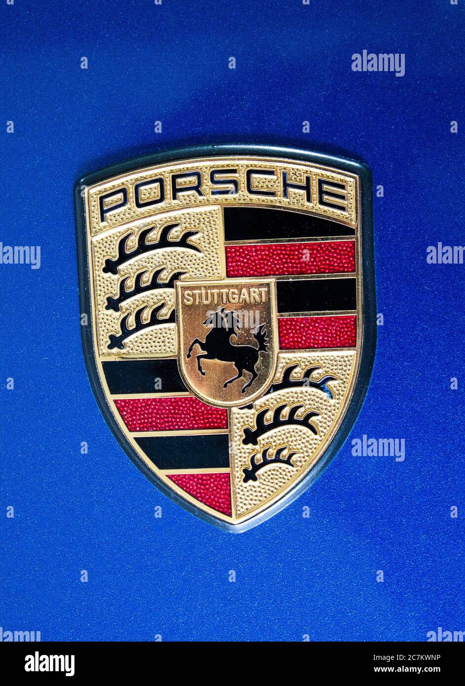 A Porsche emblem logo on a 911/997 Turbo. Stock Photo