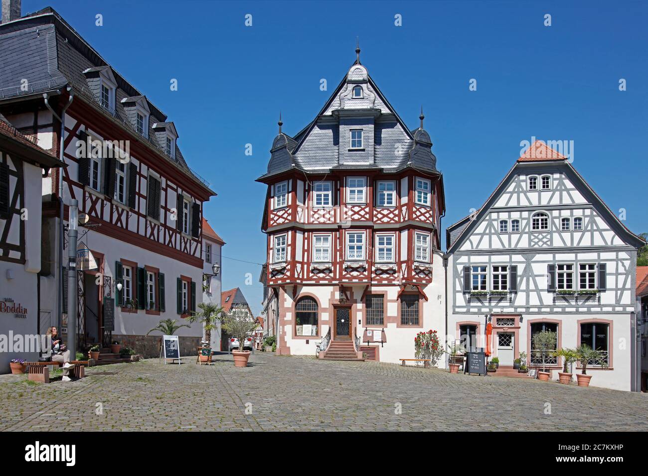 Former pharmacy Pirsch, 1817/18 apprenticeship of the later world-famous chemist Justus von Liebig (1803-1873), market place, half-timbered houses, Heppenheim, Bergstrasse, Odenwald, Hesse, Germany Stock Photo