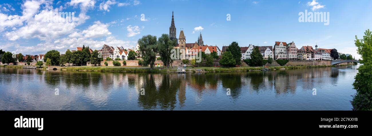 A panorama view of the city of Ulm in southern Germany with the Danube River in front Stock Photo