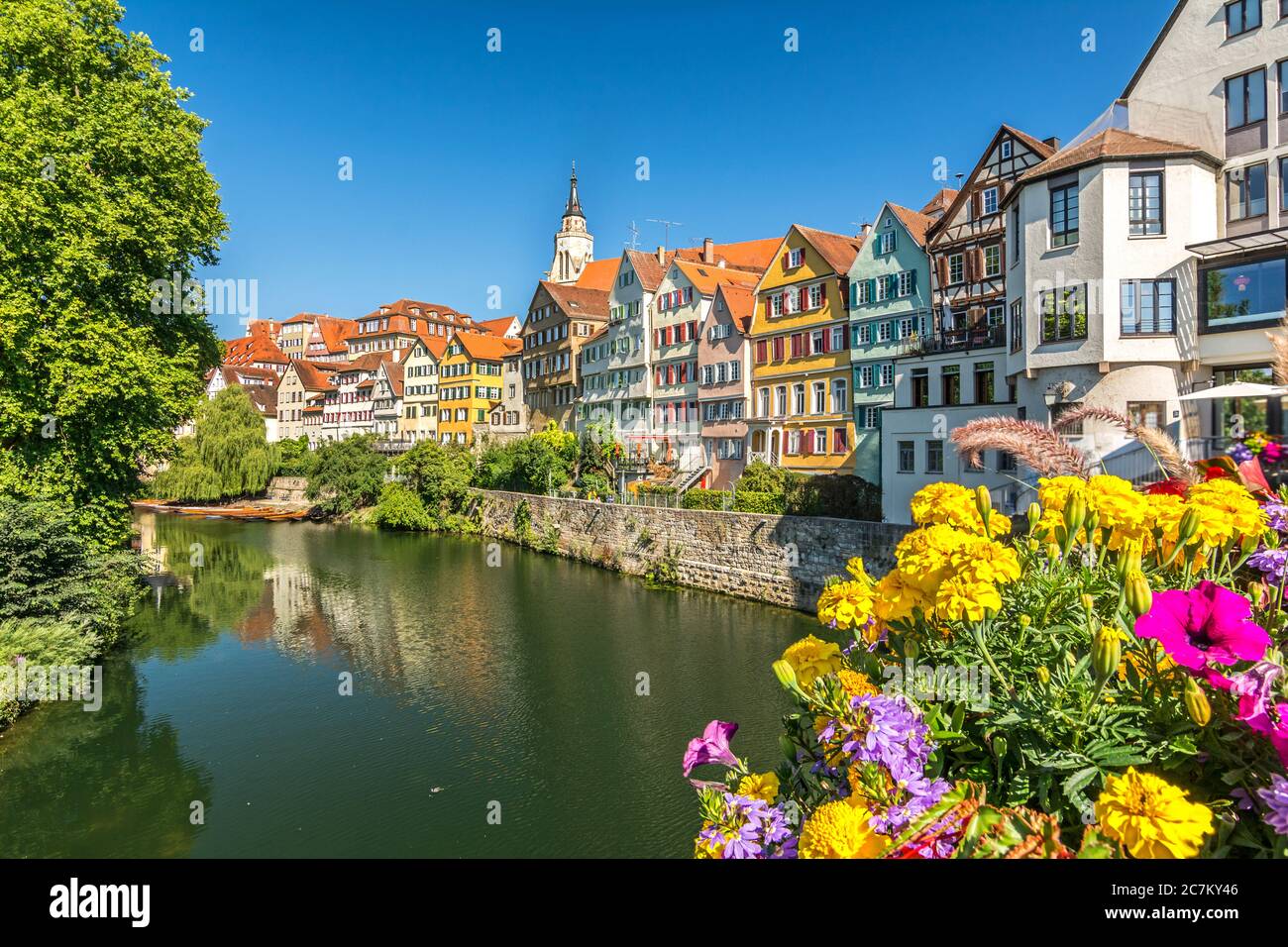 Picturesque old town of the German city of Tübingen with scenic historic houses and colourful flowers on a sunny day in summer Stock Photo