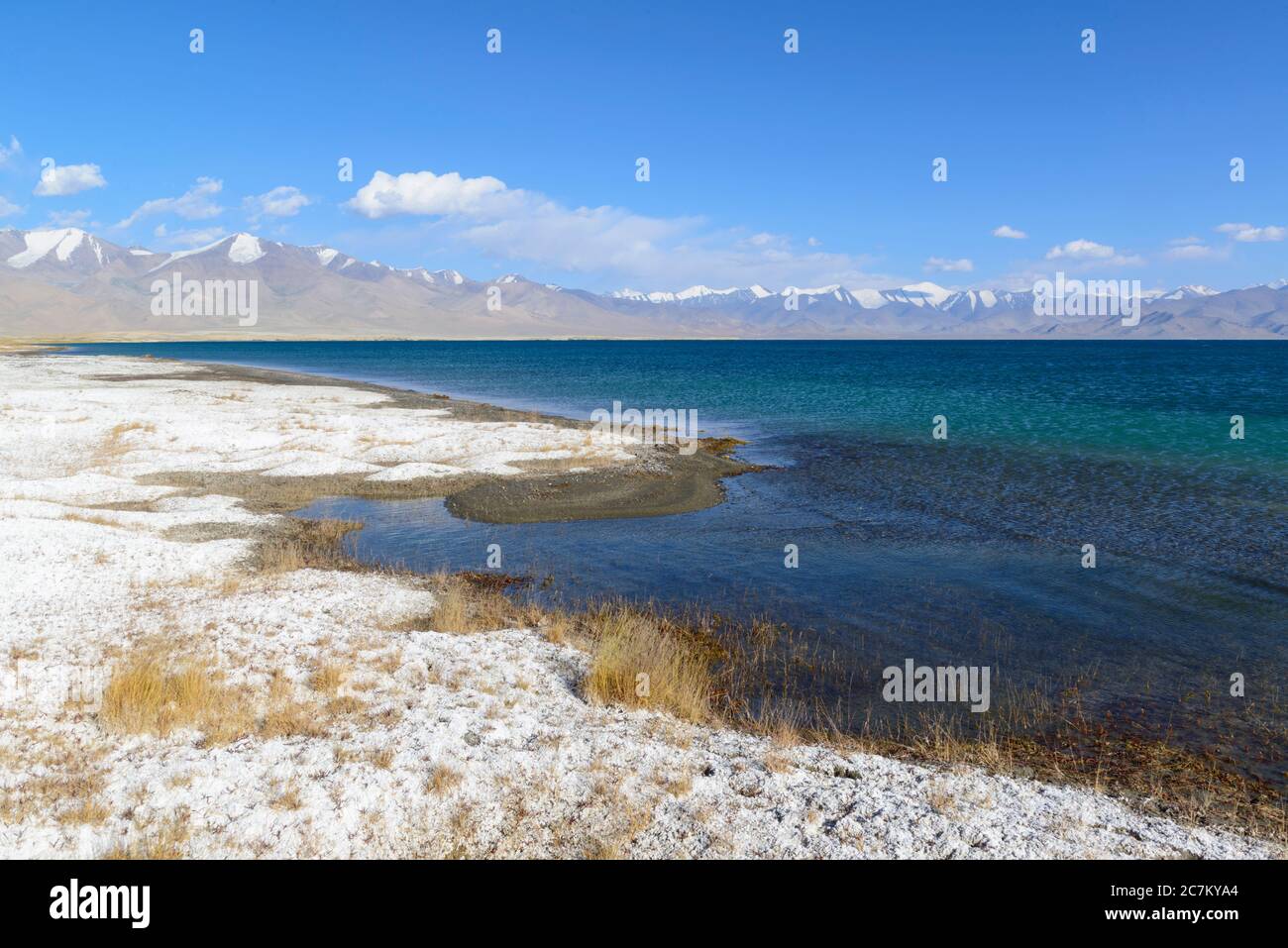 Salt on the bank of Lake Kara-Kul along the Pamir Highway. Tajikistan. Stock Photo