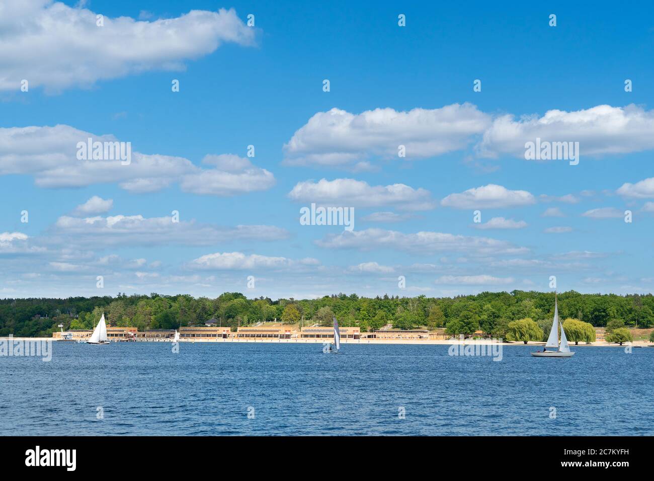 Berlin, Wannsee, view to the Wannsee lido, sailing boats, clouds, sky Stock Photo