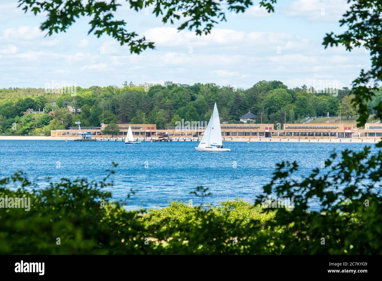 Berlin, Wannsee, view to the Wannsee lido, sailing boat Stock Photo