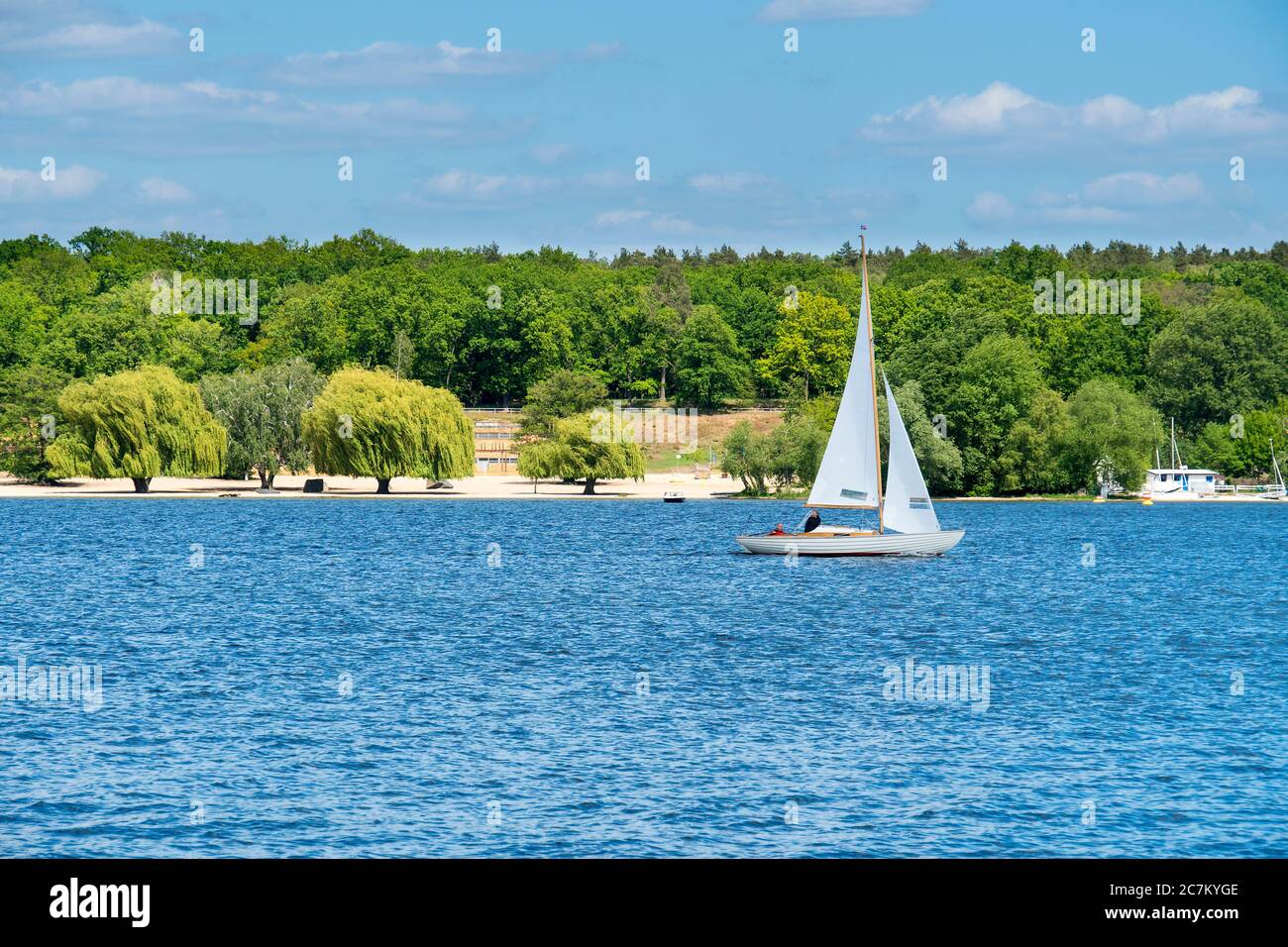 Berlin, Wannsee, view of the Wannsee lido, sailing boat, copy space Stock Photo