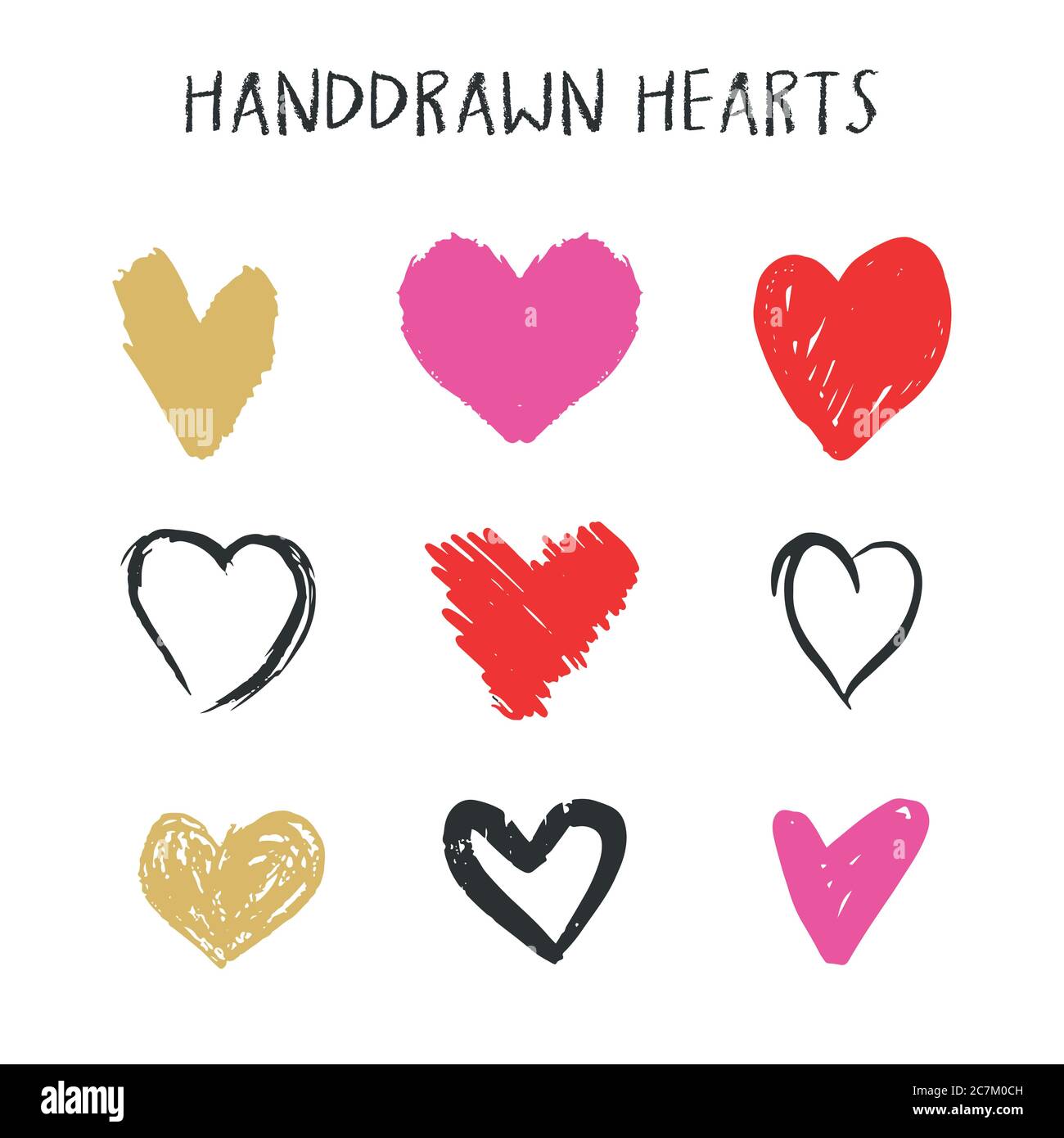 Set of nine hand drawn heart. Handdrawn rough marker hearts isolated on ...