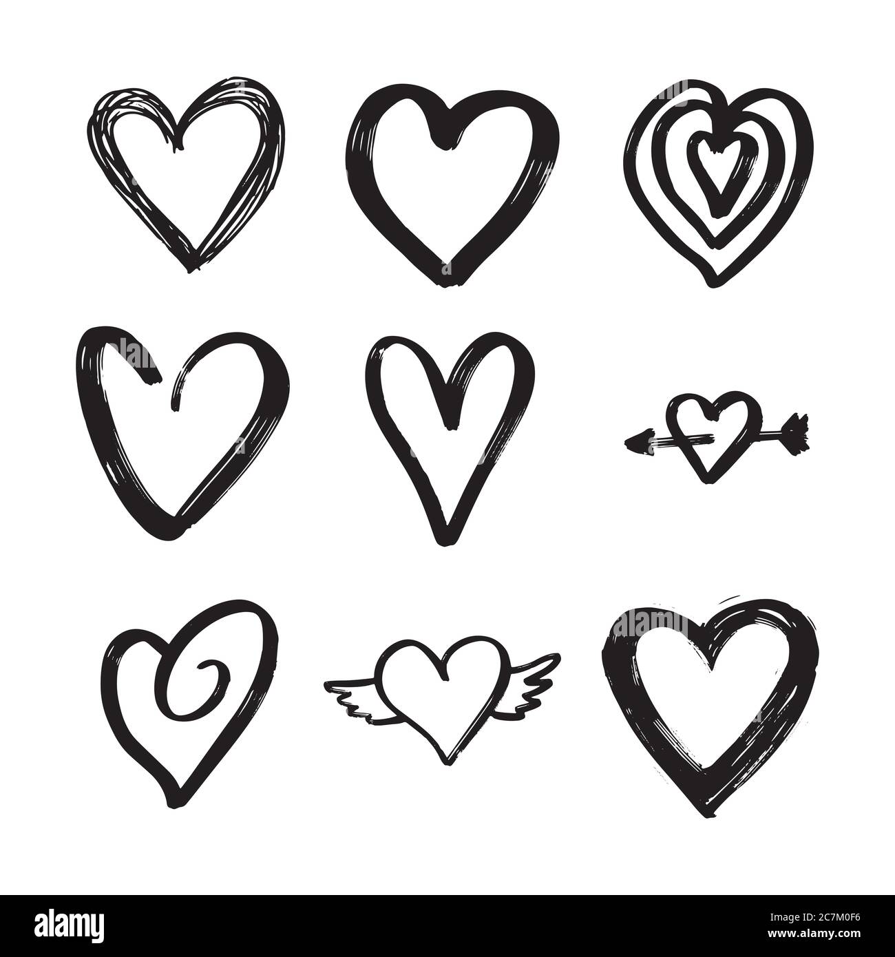 Set of nine hand drawn heart. Handdrawn rough marker hearts isolated on ...