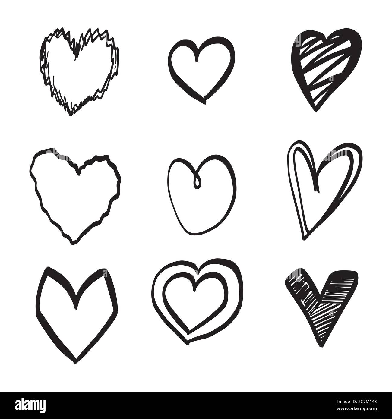 Set of nine hand drawn heart. Handdrawn rough marker hearts isolated on ...
