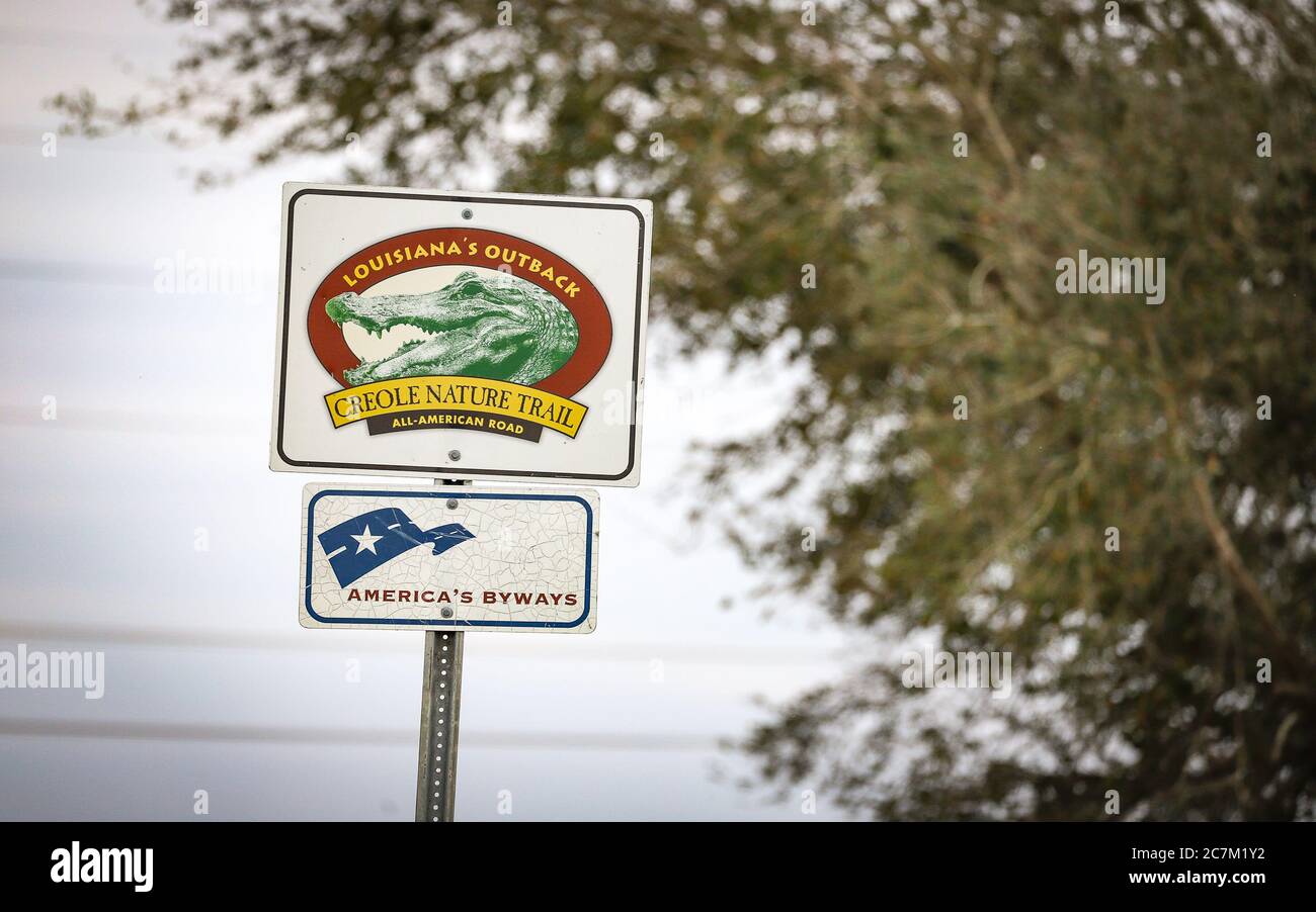 Grand Chenier, Louisiana February 2018 A road sign denotes the Louisiana's Creole Nature