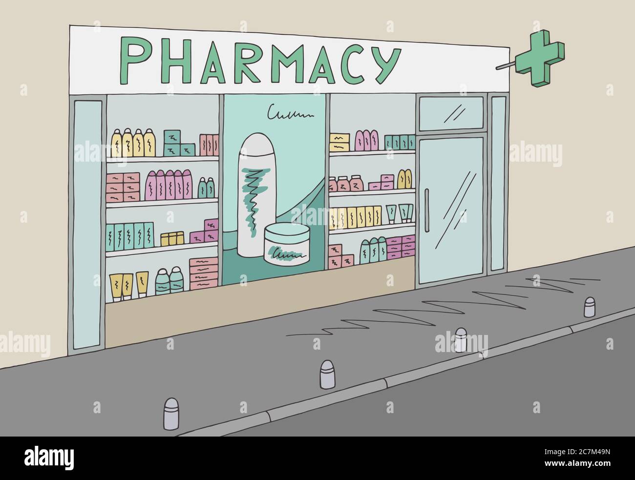 Pharmacy store shop exterior graphic color sketch illustration vector ...