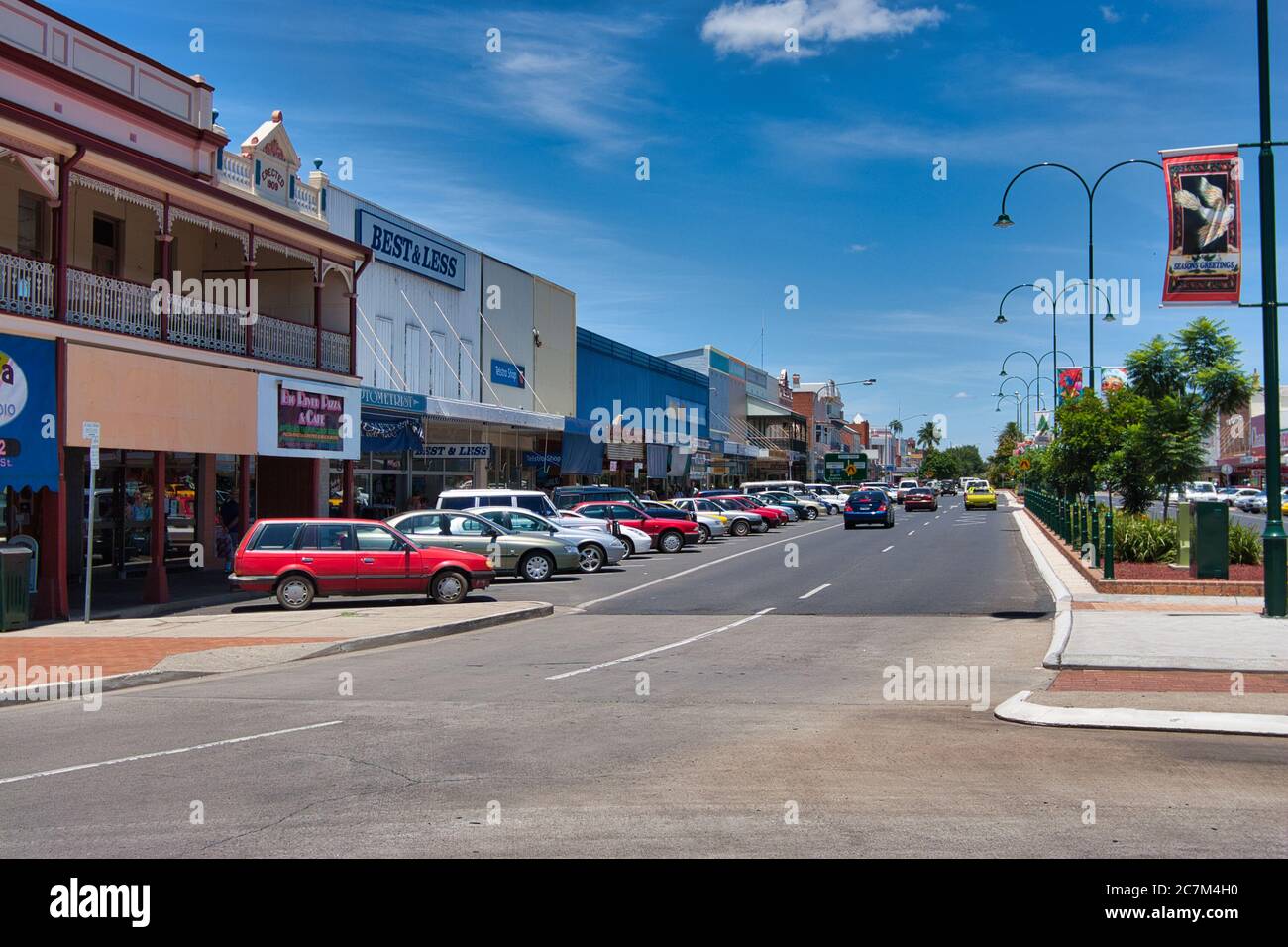 The main street of the town of Grafton with cars parked by shops, on the mid east coast of New South Wales, Australia. Stock Photo