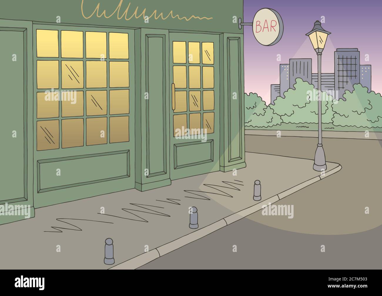 Bar exterior graphic color city sketch illustration vector Stock Vector